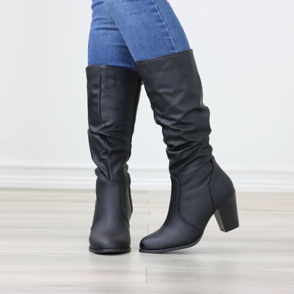 Black Mid Calf Heeled Boots Synthetic Leather Pointed Toe Womens - Picture 11 of 15